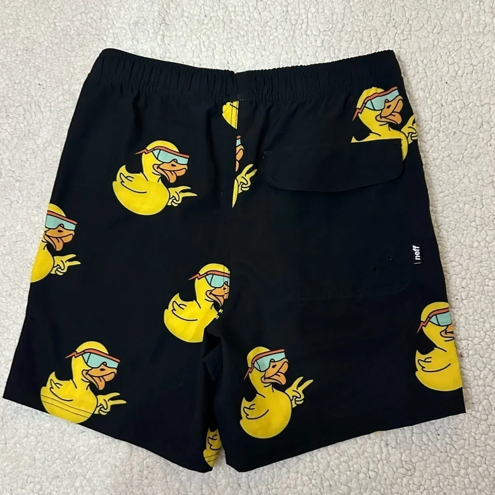 NWOT Neff Black and Yellow Duck Print Swim Trunks